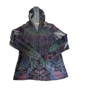 Live and Let Live Peacock Print Rhinestone Zip Up Hoodie Jacket Boho Large